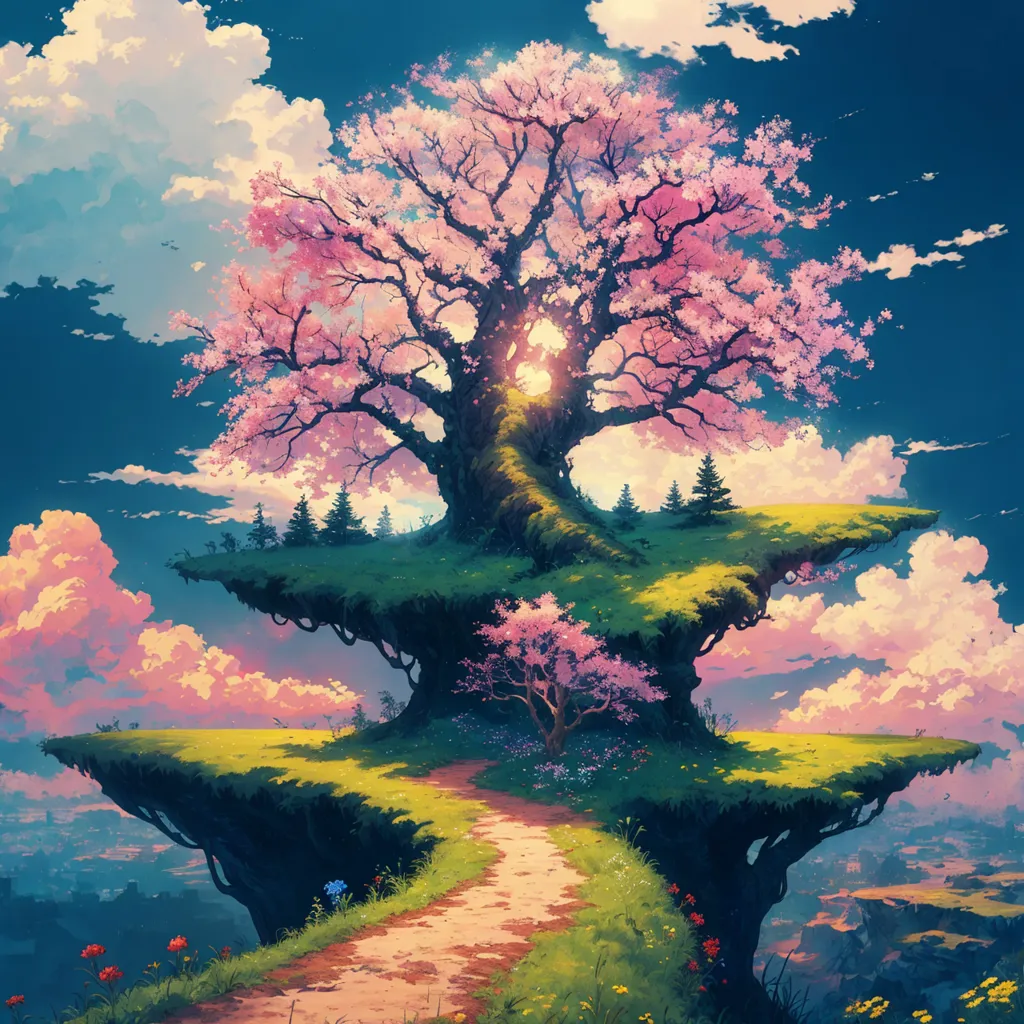 The image is a beautiful landscape painting. It features a large cherry blossom tree in the center of the image. The tree is surrounded by green grass and flowers. There is a path leading up to the tree, and there are two small hills on either side of the path. The sky is a blue-purple gradient, and there are clouds dotting the sky. The image is very peaceful and serene.