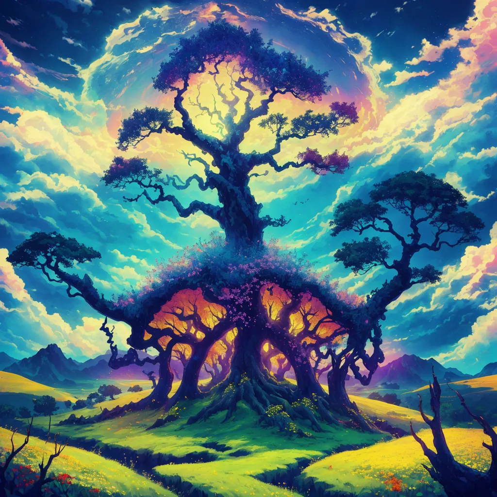 The image is a surreal landscape painting. It shows a large tree with a woman sitting on a branch. The tree is surrounded by a lush forest and there are mountains in the background. The sky is a vibrant blue and there are clouds dotting the sky. The painting has a dreamlike quality and it is full of vibrant colors.