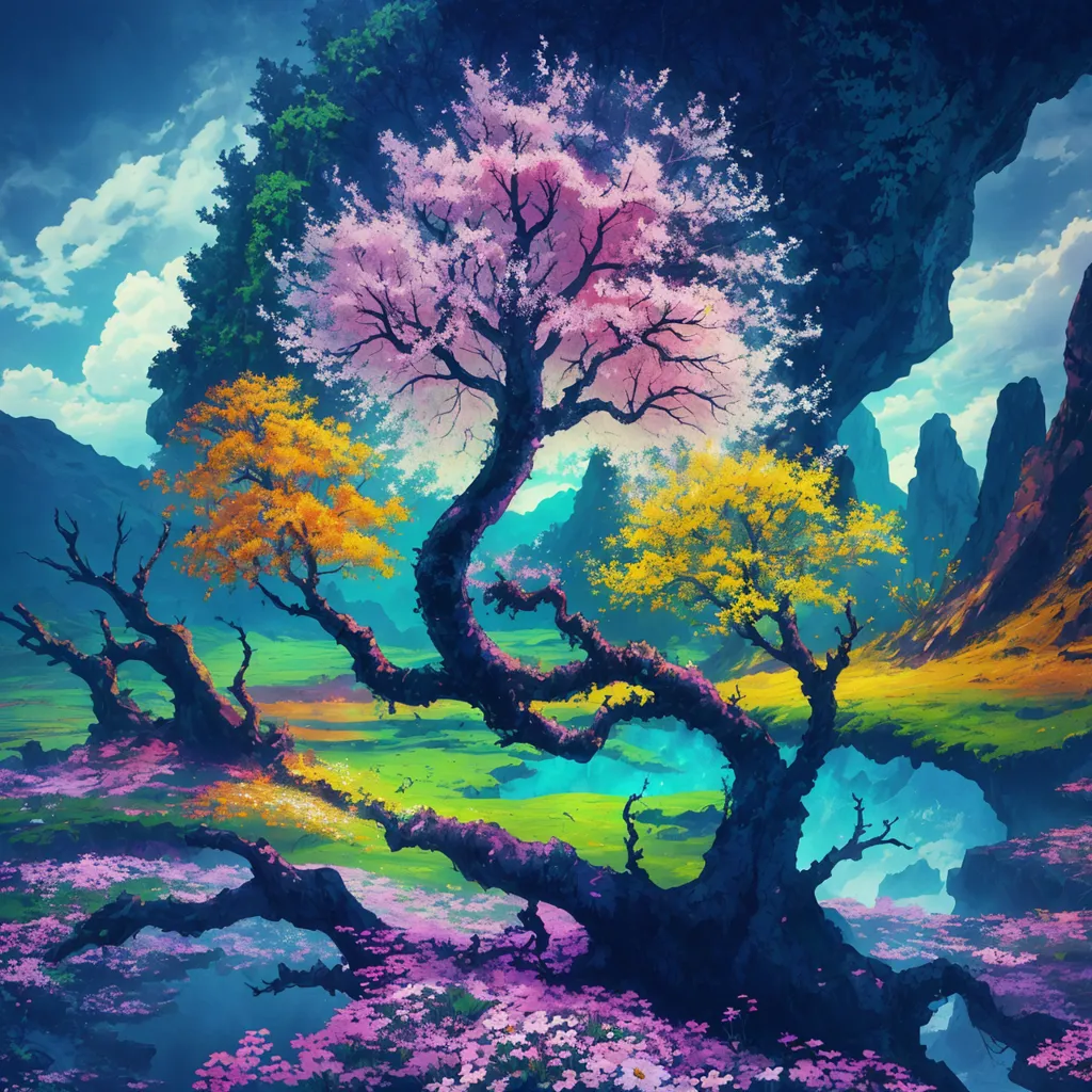 The image is a surreal landscape painting. There are three large trees in the center of the image. The tree on the left has pink leaves, the tree in the middle has yellow leaves, and the tree on the right has green leaves. The trees are all connected by a large branch that curves around them. The ground is covered in flowers and there is a river running through the middle of the image. The background is a mountain range. The image is full of bright colors and has a dreamlike quality.