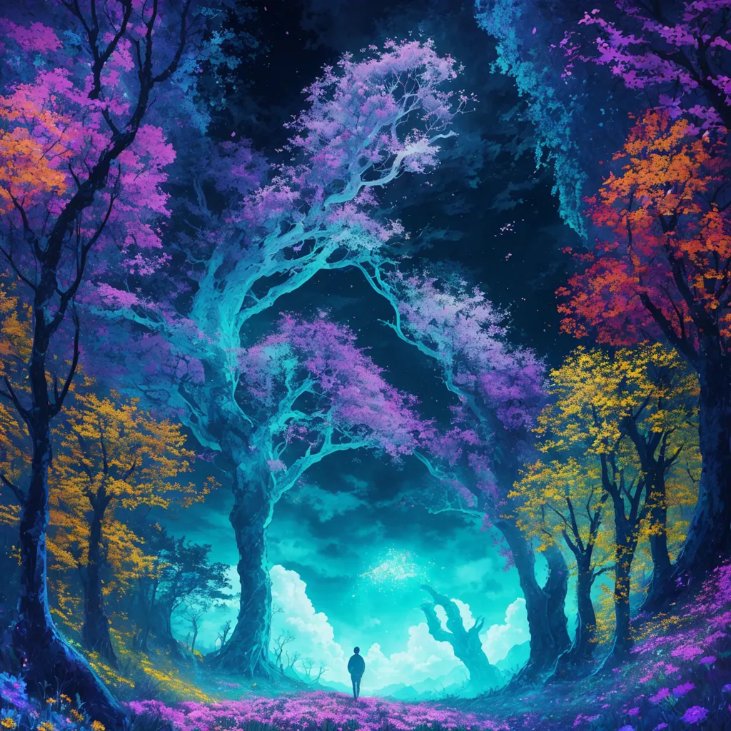 The image is a beautiful landscape of a forest with a blue sky and a bright shining moon. The trees are tall and colorful, with leaves of various shades of pink, purple, yellow, and blue. The ground is covered with flowers. There is a person standing in the middle of the forest, looking up at the sky.