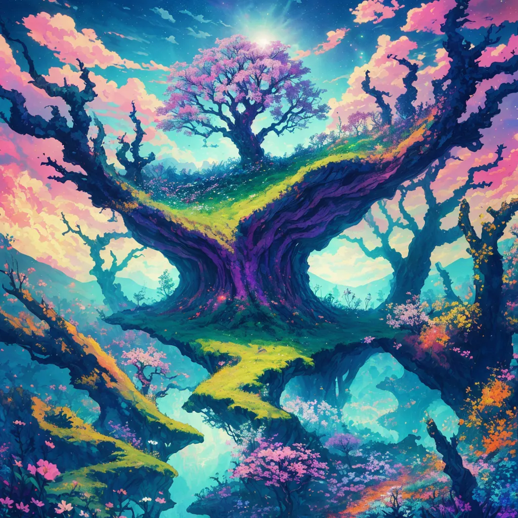 The image is a surreal landscape painting. The main feature is a large, pink tree with a lush green canopy. The tree is surrounded by a variety of other trees, all of which are depicted in great detail. The ground is covered in flowers and grass. There are also several large mushrooms in the foreground. The sky is a gradient of blue and pink, and there are several clouds in the distance. The painting has a dreamlike quality, and it is unclear where or when it is set.