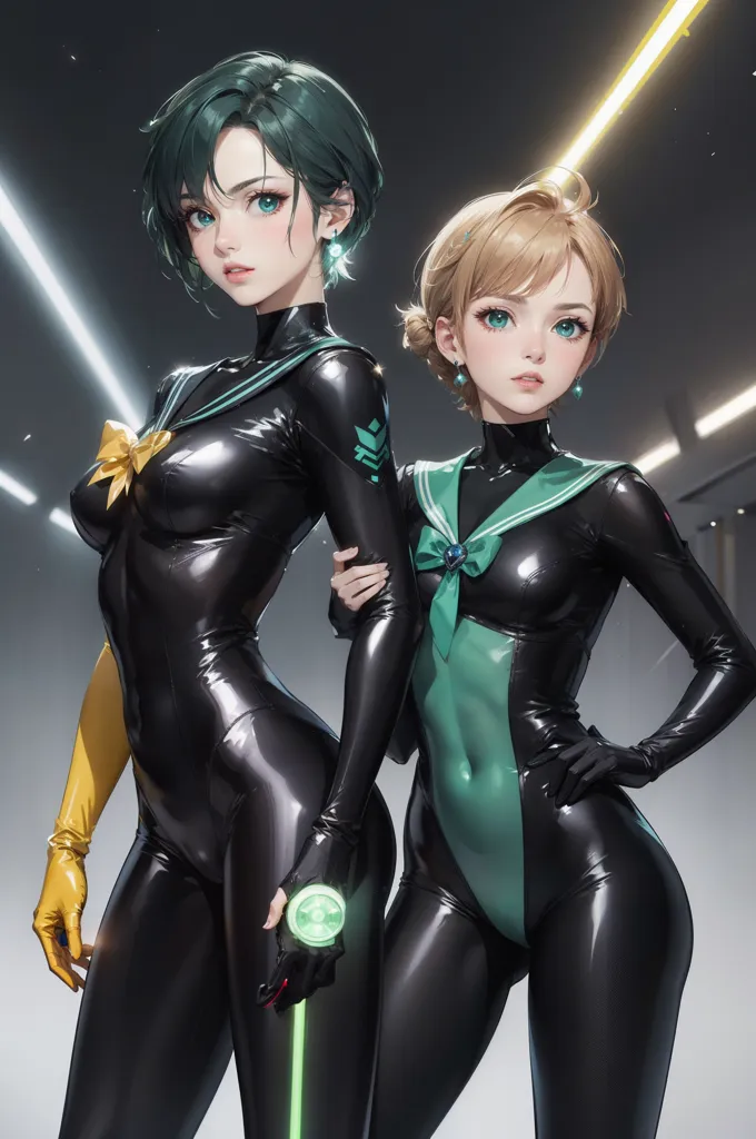 The image shows two young women, both with short hair, wearing black and green skin-tight suits with yellow and green accents. They are standing close to each other, looking at the viewer with serious expressions. They are both wearing gloves and have a device attached to their right arm. The background is grey with bright yellow lights on either side.