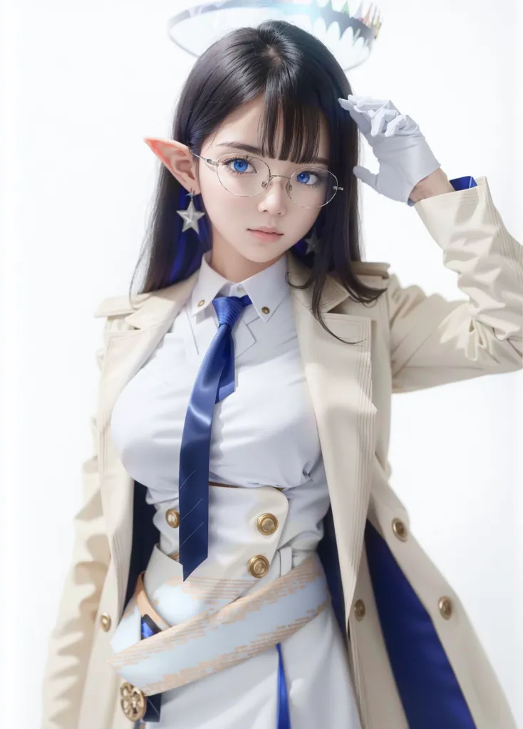 The picture shows a beautiful young woman with long black hair, blue eyes, and elf ears. She is wearing a white shirt, a blue tie, and a white jacket. She is also wearing glasses. She has a serious expression on her face.