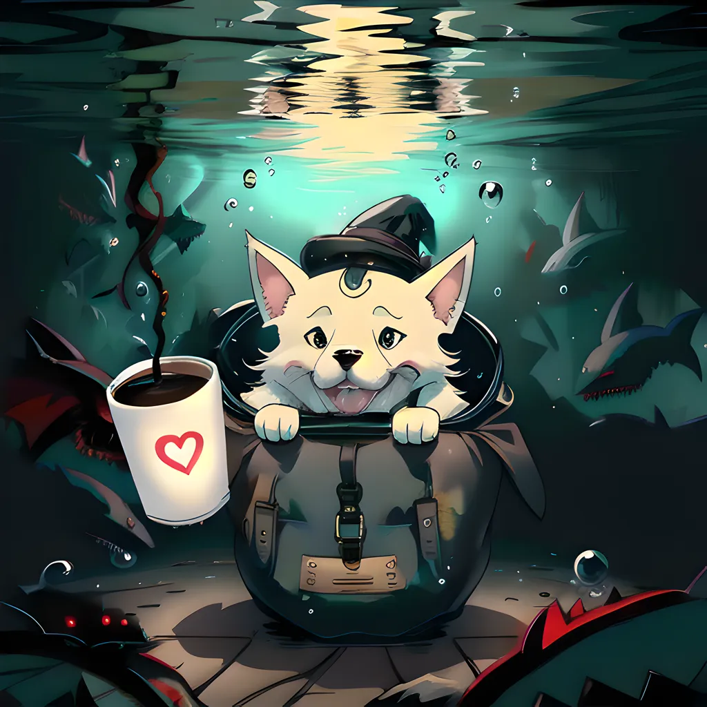 Esta é uma imagem de um gato usando um chapéu de bruxa e carregando uma xícara de café. O gato está sentado em uma mochila que está cercada por tubarões. O gato está sorrindo e tem um coração em sua xícara de café. Os tubarões têm as bocas abertas e estão mostrando os dentes. O fundo é escuro e a xícara