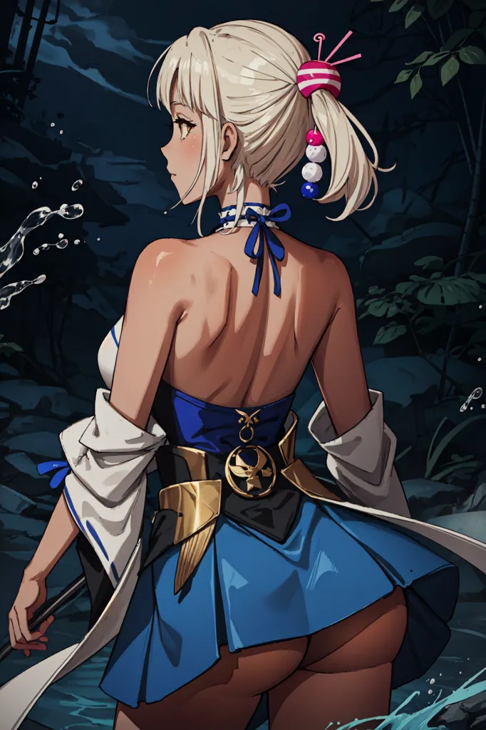 The image is of a woman standing with her back turned to the viewer. She is wearing a blue and white outfit with a white obi tied around her waist. Her blonde hair is tied up in a ponytail with a pink and white hair tie. She is standing in a forest with green trees and plants all around her. There is a river to her right with water flowing over rocks. The woman is holding a sword in her right hand.