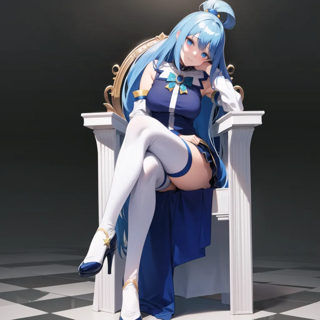 The image is of a young woman with long blue hair and blue eyes. She is wearing a blue and white dress with a white collar. She is sitting on a white throne with her legs crossed and her right hand resting on her chin. She is looking at the viewer with a smug expression on her face. The background is a dark checkered pattern.