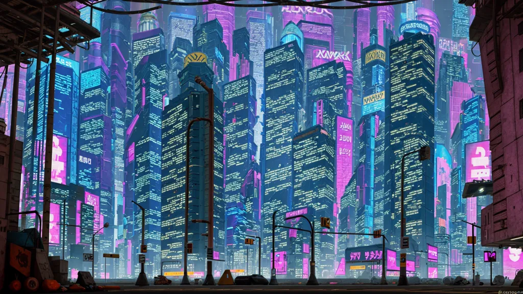 A imagem é uma pintura digital de uma cidade cyberpunk. A cidade é retratada como sendo escura e chuvosa, com edifícios altos e luzes de néon. A pintura é feita em um estilo realista, e o artista usou uma variedade de técnicas para criar uma sensação de profundidade e atmosfera. A pintura está cheia de detalhes, e o artista claramente dedicou muito tempo a ela.