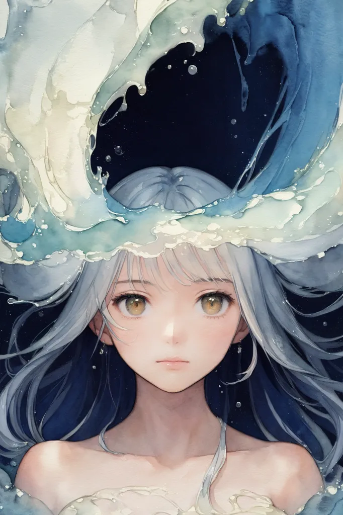 The image is a painting of a young woman with long silver hair and yellow eyes. She is wearing a white dress with a blue sash. There is a wave of water above her head. The wave is crashing down on her, but she is not afraid. She is looking at the viewer with a calm expression. The painting is done in a realistic style, and the colors are vibrant and lifelike. The image is both beautiful and powerful, and it captures the viewer's attention.