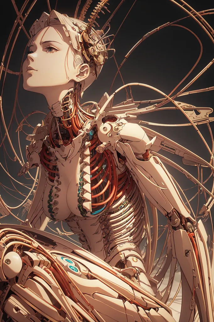 The image is a depiction of a female cyborg. She has light skin with parts of her body exposed, including her face, chest, and arms. Her exposed body parts are a mix of flesh and metal, with wires and other mechanical components visible. She has a pensive expression on her face and is looking to the side. The background is dark with a spotlight shining on her.