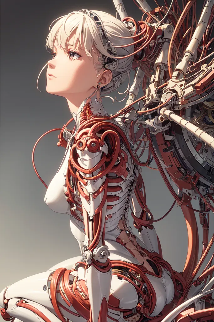 The image is a depiction of a female character with white hair and red eyes. She is wearing a white bodysuit with red accents and has a number of cybernetic enhancements, including a robotic arm and leg, as well as a number of wires and cables that are connected to her body. She is also has a large mechanical device attached to her back. The character is standing in a dark, industrial setting and is looking to the side with a neutral expression.