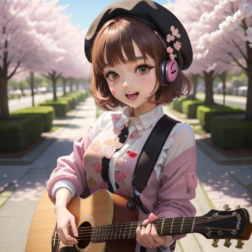 The image shows a young woman playing the guitar. She has short brown hair, brown eyes, and is wearing a pink beret, a pink jacket, and headphones. She is standing in a park, surrounded by cherry blossoms. The background is blurred, and the image has a warm, happy feeling to it.