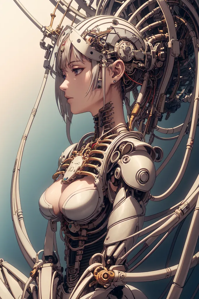 The image is a painting of a young woman with white hair and cybernetic enhancements. She is wearing a white bodysuit with a metallic breastplate and a variety of wires and tubes attached to her head and body. She has a pensive expression on her face, and her eyes are downcast. The background is a blur of light blue, and the overall effect of the image is one of mystery and intrigue.