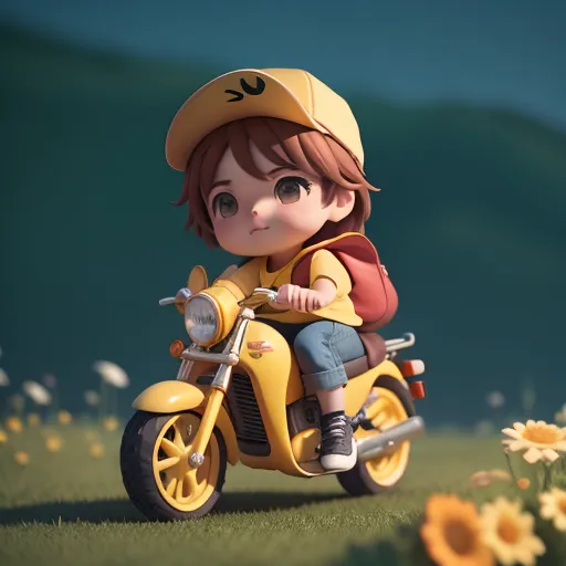 A child is riding a yellow motorcycle through a field of flowers. The child is wearing a yellow hat and a yellow shirt. The motorcycle has a yellow body and black wheels. The child is smiling and having fun. There are flowers on either side of the motorcycle. The background is a green field with a blue sky.