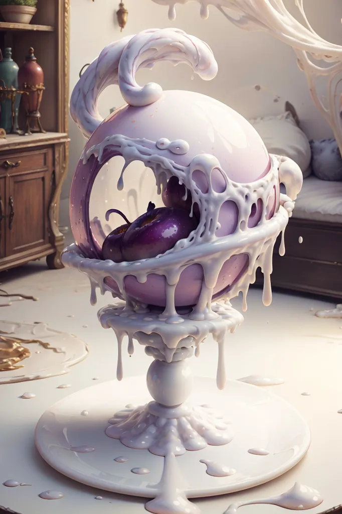 This is a 3D rendering of a surreal scene. A large, white, glossy sphere sits on a pedestal in the center of the image. The sphere is covered in a thick, white liquid that is dripping down the sides. Inside the sphere is a smaller, purple sphere. The purple sphere is also covered in a white liquid. The pedestal is sitting on a white plate. There is a wooden cabinet and a bed in the background. The cabinet is dark brown and the bed is white. The floor is white and there is a white liquid on the floor. The image is very surreal and dreamlike.