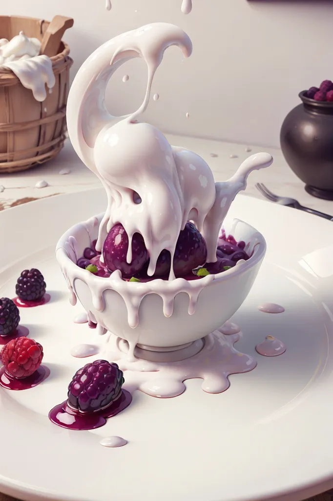 The image shows a white bowl filled with blackberries and raspberries. The bowl is placed on a white table. There is a large splash of cream or milk on top of the berries. The cream is also dripping down the sides of the bowl. There is a wooden basket on the table behind the bowl. The basket is filled with more blackberries and raspberries. There is a black pot on the table to the right of the basket. The pot is filled with a dark liquid. There is a white plate on the table in front of the bowl. There is a fork on the plate.