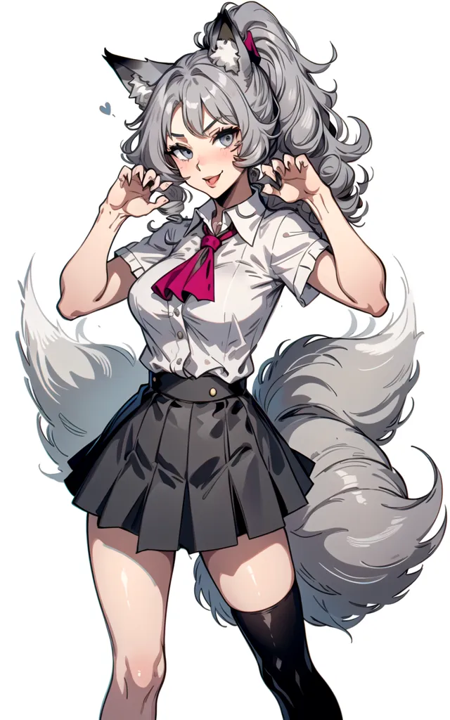 The image is of a young woman with wolf ears and a tail. She is wearing a white shirt, a gray skirt, and a red tie. She has long gray hair and pink eyes. She is smiling and has her hands up in the air. She is standing on a white background.