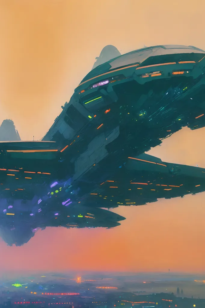 The image is a painting of a spaceship. The spaceship is large and dark-colored, with a sleek design. It is flying over a city. The city is large and brightly lit. The sky is orange and there are clouds. The spaceship is in the foreground and is taking up most of the space in the painting. The painting is done in a realistic style and the colors are vibrant and saturated.