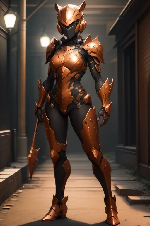 This is an image of a woman wearing futuristic armor. The armor is orange and black, and covers her entire body. She is also wearing a helmet that has cat-like ears. She is standing in a dark alleyway, and there is a street lamp in the background.