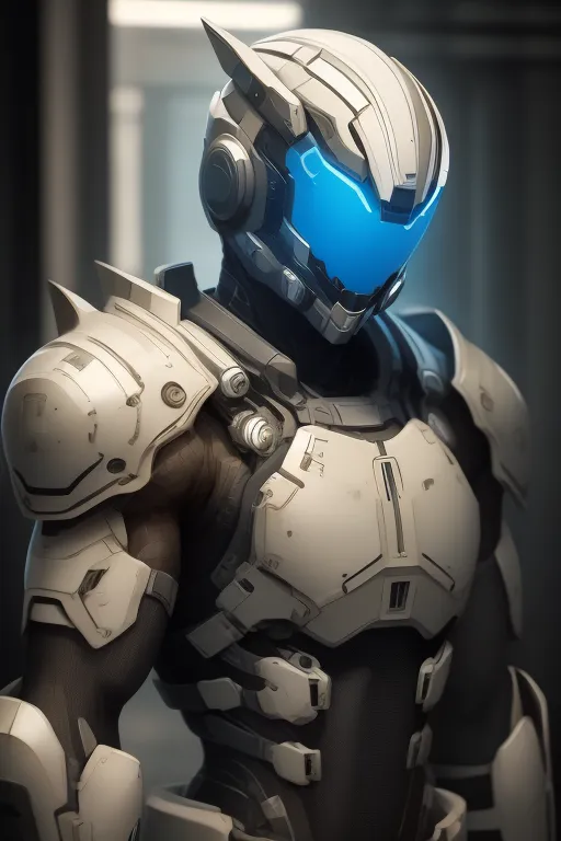 A imagem mostra um homem em um traje de armadura futurista. O traje é branco e azul, com um visor azul. O homem está em pé em uma sala escura, com uma luz brilhante atrás dele. O traje tem muitos detalhes, com várias luzes e botões. O rosto do homem não é visível, mas seus olhos estão brilhando em azul.