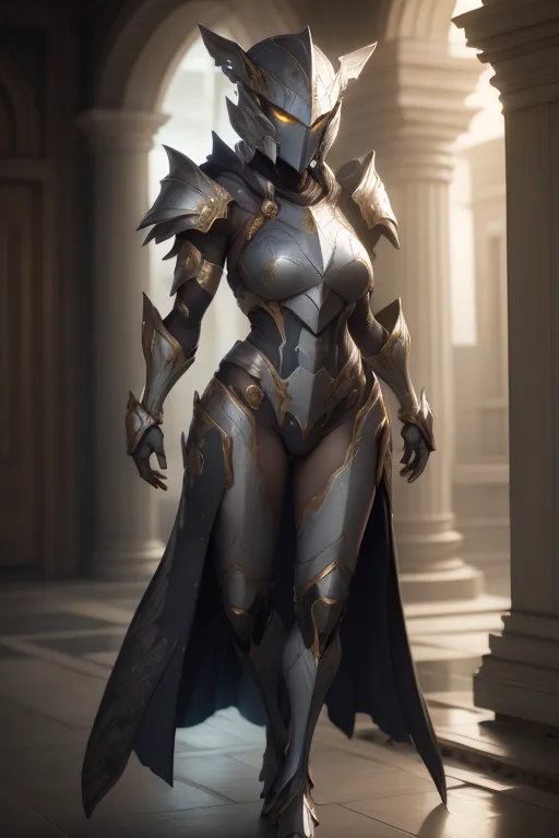 This is an image of a woman in silver and gold armor. She is wearing a helmet with a visor and has a flowing cape. The armor has intricate designs on it. She is standing in a hallway with a marble floor and columns.