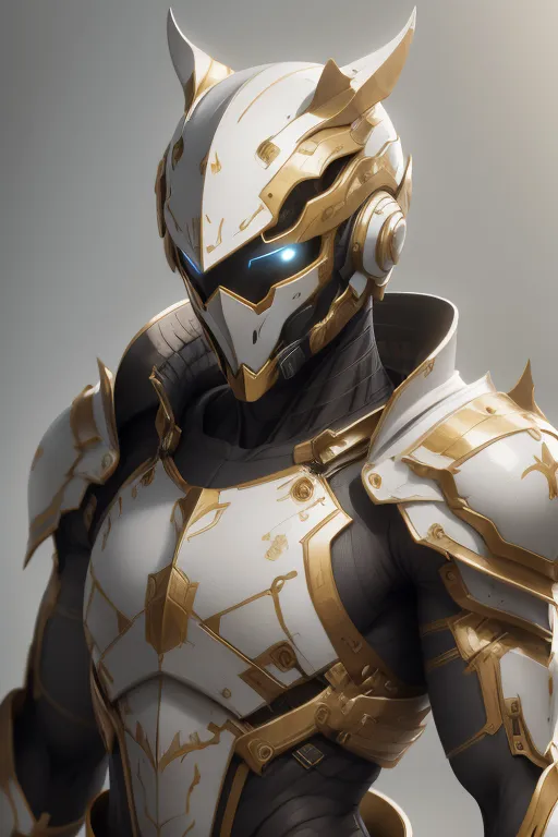 The image is a 3D rendering of a futuristic soldier. The soldier is wearing a white and gold suit of armor. The armor has a lot of intricate detailing and looks very realistic. The soldier is also wearing a helmet that has a visor that is glowing blue. The soldier is standing in a dark room and there is a light shining on him from the front. The image is very detailed and looks very realistic.