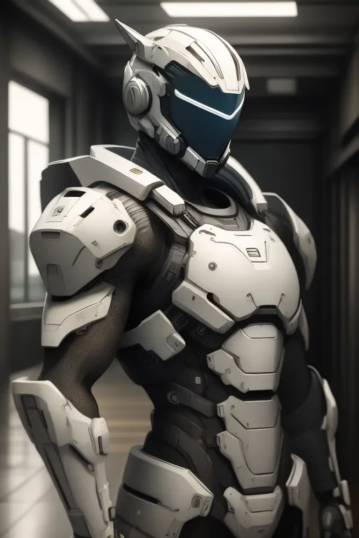 The image shows a man in a futuristic armor suit. The suit is white and black, with blue lights on the helmet and chest. The man is standing in a dark room, with a window in the background.