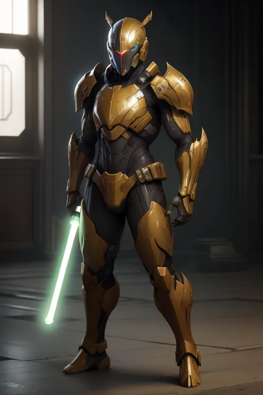 The image shows a person in a futuristic suit of armor. The armor is gold and black, with a green light on the chest. The person is standing in a dark room, with a light coming in from the left. The person is holding a green lightsaber.