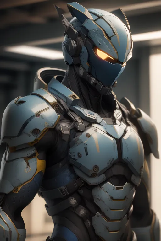 The image shows a man in a blue and gray futuristic armor suit. The suit has a helmet with a yellow visor, and there are yellow lights on the chest and shoulders. The man is standing in a dark room, and there is a bright light behind him.