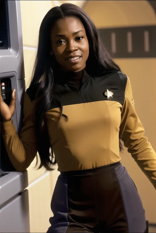 This is an image of a young black woman wearing a Starfleet uniform from the Star Trek universe. She has long black hair and is smiling. She is standing in a corridor on a starship.