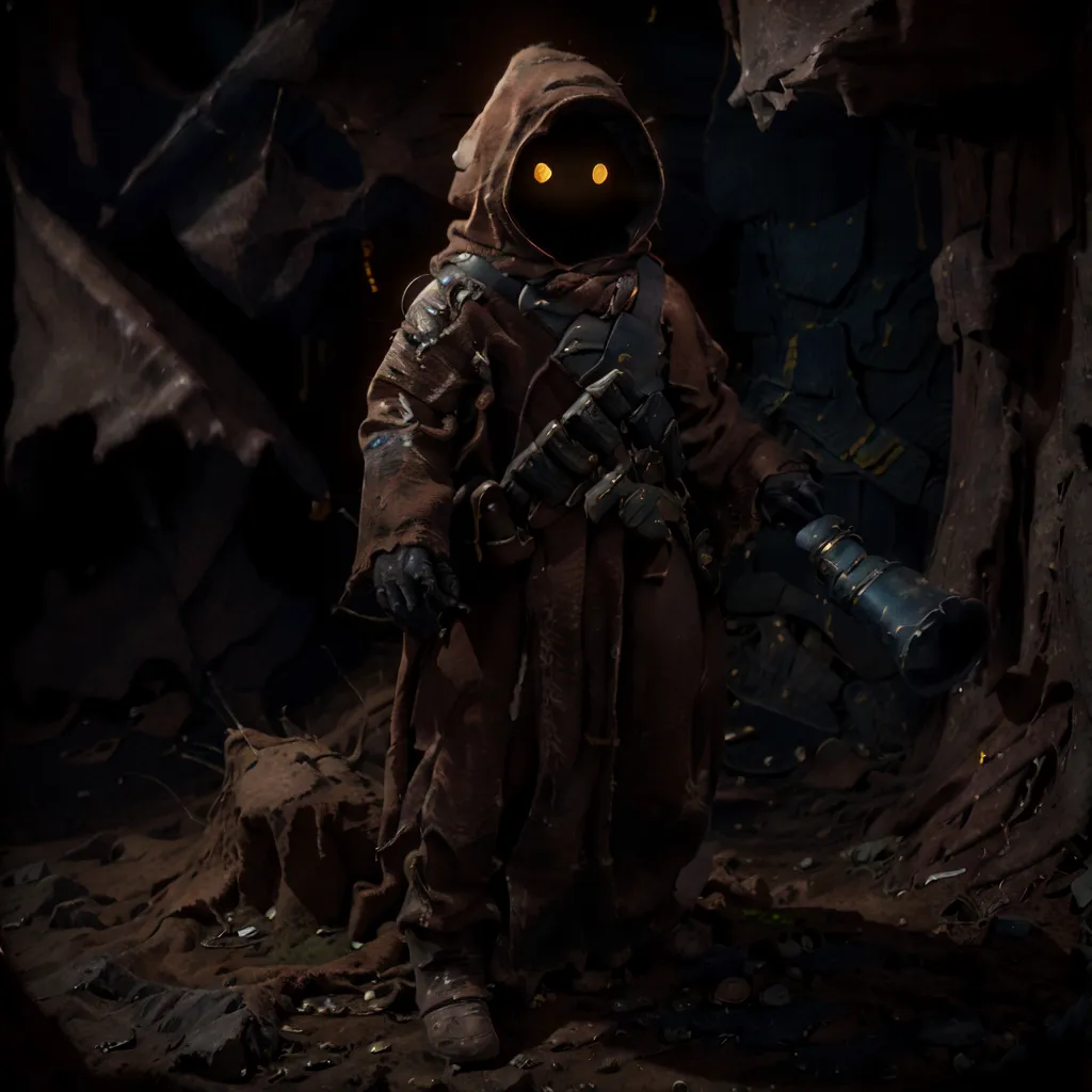 The image shows a Jawa, a fictional species from the Star Wars universe. It is a small, desert-dwelling creature with large, yellow eyes and a long, pointed nose. It is wearing a brown robe and a hood, and it is carrying a staff. It is standing in a dark, rocky environment, and it is looking at the viewer with a curious expression.