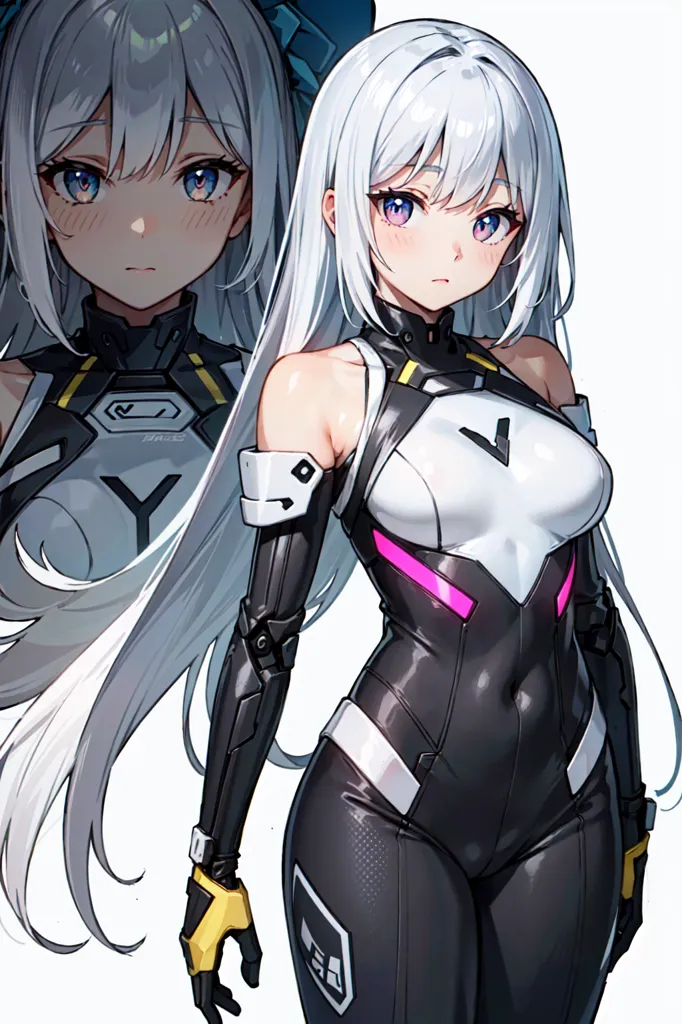 The image is of a beautiful anime girl with long white hair and purple eyes. She is wearing a black and white bodysuit with yellow gloves. She has a small blush on her cheeks and is looking at the viewer with a shy expression. She has a futuristic vibe to her outfit.