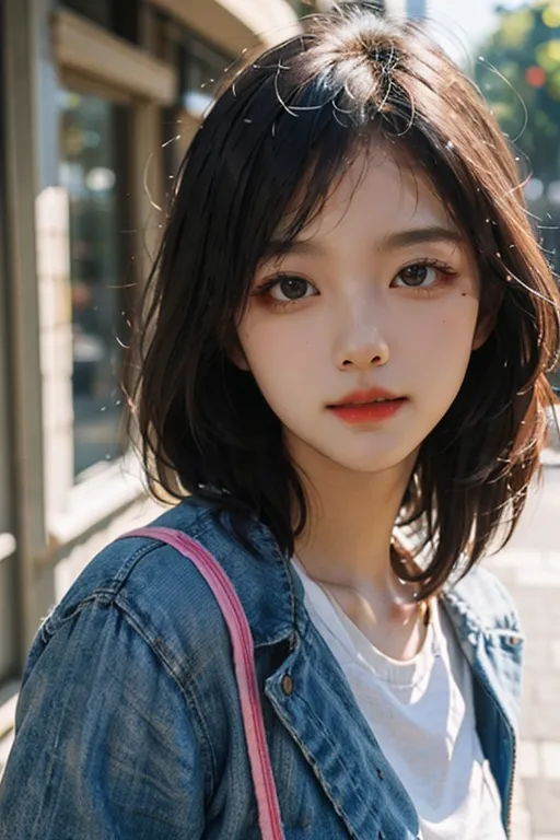 La imagen muestra a una mujer joven con el cabello corto y oscuro y ojos color marrón claro. Lleva una camisa blanca y una chaqueta vaquera azul. Mira a la cámara con una expresión ligeramente sonriente. Su cabello está peinado con flequillo y sus cejas están arqueadas. Lleva un maquillaje ligero y sus labios son de un color rosa brillante. Está de pie frente a un fondo borroso con un edificio a lo lejos.