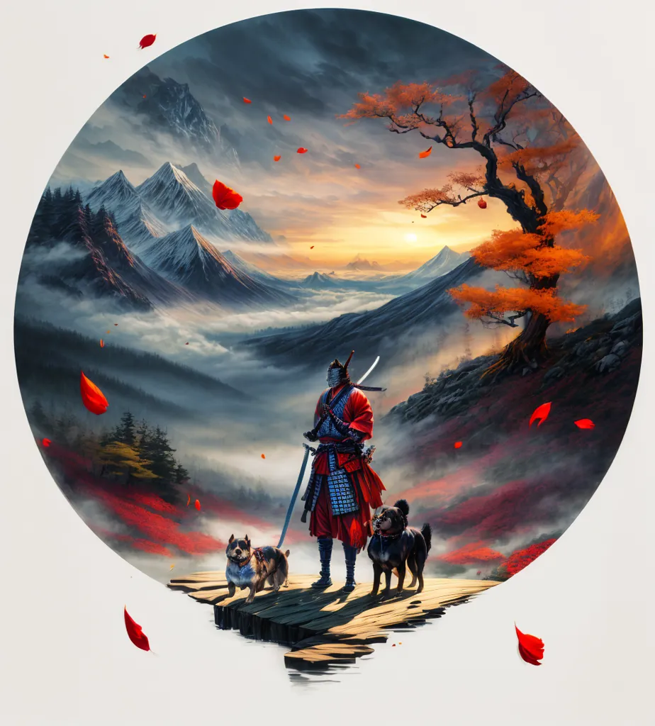 La imagen es una pintura de un guerrero samurái de pie sobre un puente en un paisaje montañoso. El samurái lleva un kimono rojo y blanco y un hakama negro. Tiene una espada en la mano y mira hacia su izquierda. Hay dos perros parados a cada lado de él. El de la izquierda es blanco y el de la derecha es marrón. El fondo de la imagen es una cordillera con un cielo rojo. También hay algunos árboles en el fondo. La pintura está hecha en un estilo realista y los colores son muy vibrantes.