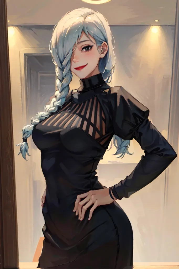 The image shows a woman with long silver hair and blue eyes. She is wearing a black dress with a high collar. The dress has a pattern of horizontal lines on the chest and a large cutout at the waist. She is standing with her hands on her hips and has a confident smile on her face. She is standing in front of a mirror. There are two bright lights on the wall behind her.