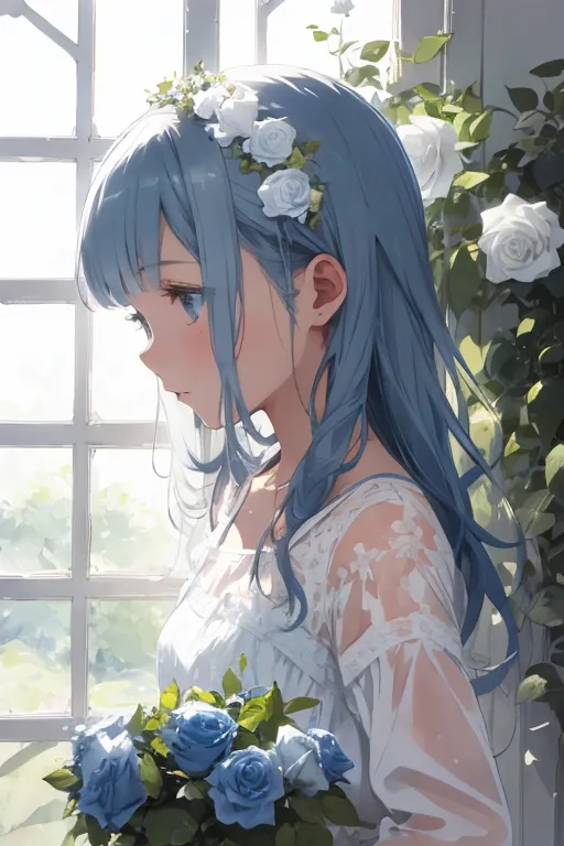 The image is a painting of a young woman with long blue hair and blue eyes. She is wearing a white dress with a blue sash and has a wreath of white roses in her hair. She is standing in front of a window, holding a bouquet of blue roses. The background is a blurred garden with white roses.