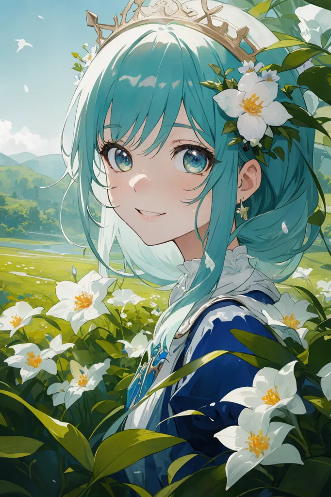 The image is of an anime girl with long, light blue hair and blue eyes. She is wearing a white dress with a blue sash and a crown of white flowers. She is standing in a field of white flowers and has a gentle smile on her face. The background is a meadow with a river and mountains in the distance.