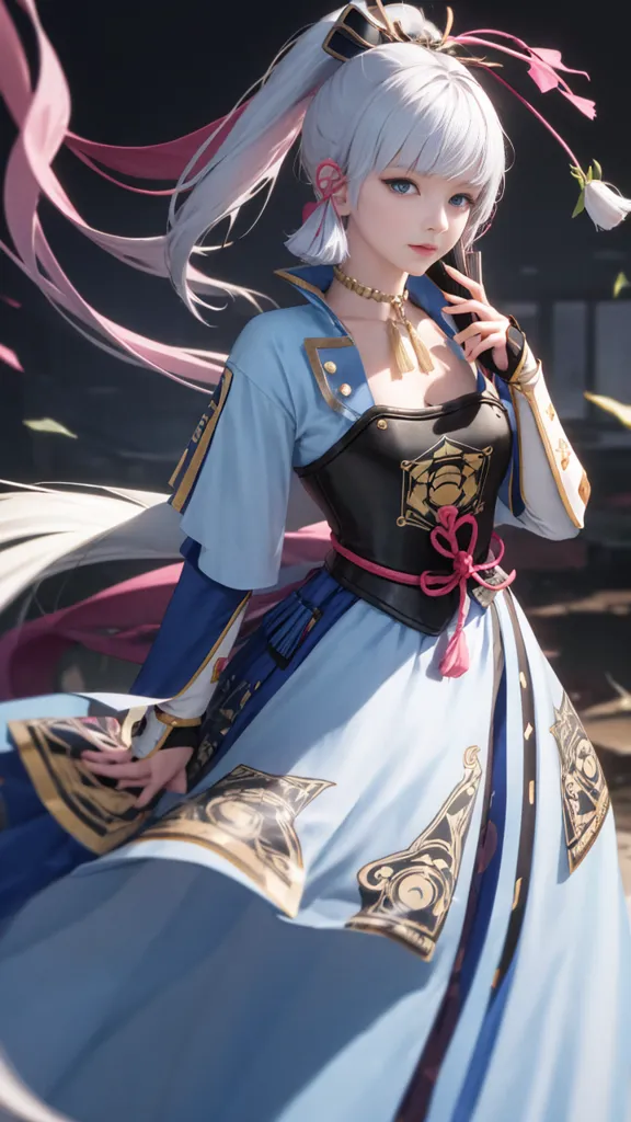 La imagen muestra a una hermosa chica de anime con el cabello largo y blanco y ojos azules. Lleva un kimono azul y blanco con un obi rosa. También hay algunas flores rosas y blancas en su cabello. Está de pie en una casa tradicional japonesa y hay algunos pétalos de cerezo volando con el viento.