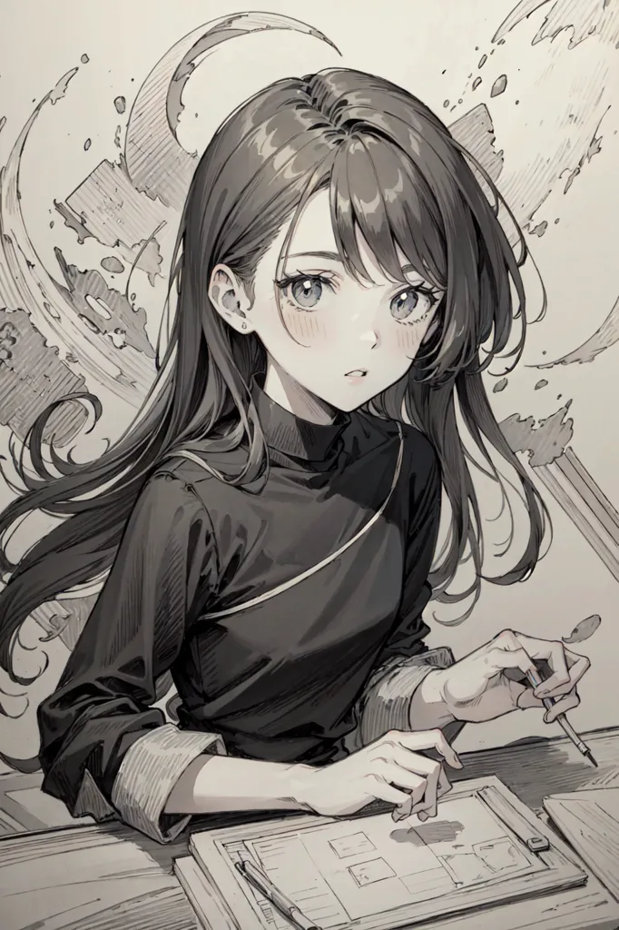 The image is a black-and-white sketch of a young girl with long, flowing hair. She is wearing a high-collared shirt and is sitting at a drafting table, drawing something with a pen. She has a very focused expression on her face.