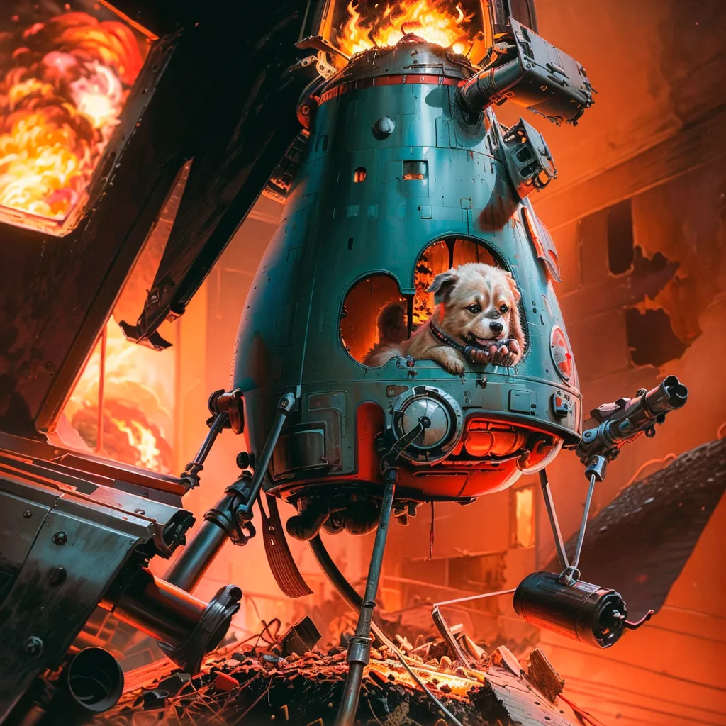 The image shows a scene of a dog sitting in a rusty escape pod. The escape pod is hovering above a destroyed city. There are flames and debris everywhere. The dog is wearing a red scarf and has a worried look on its face. The image is full of details and the colors are very vibrant. The painting is done in a realistic style and the textures are very well done.