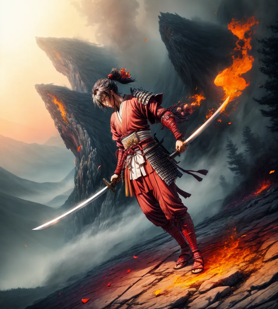 The image depicts a samurai standing on a rocky cliff. He is wearing a red and white kimono and a samurai helmet. He has two swords, one in each hand. The samurai is looking down at the viewer with a determined expression. The background is a mountain landscape with a volcano in the distance. The sky is orange and there are clouds in the sky.