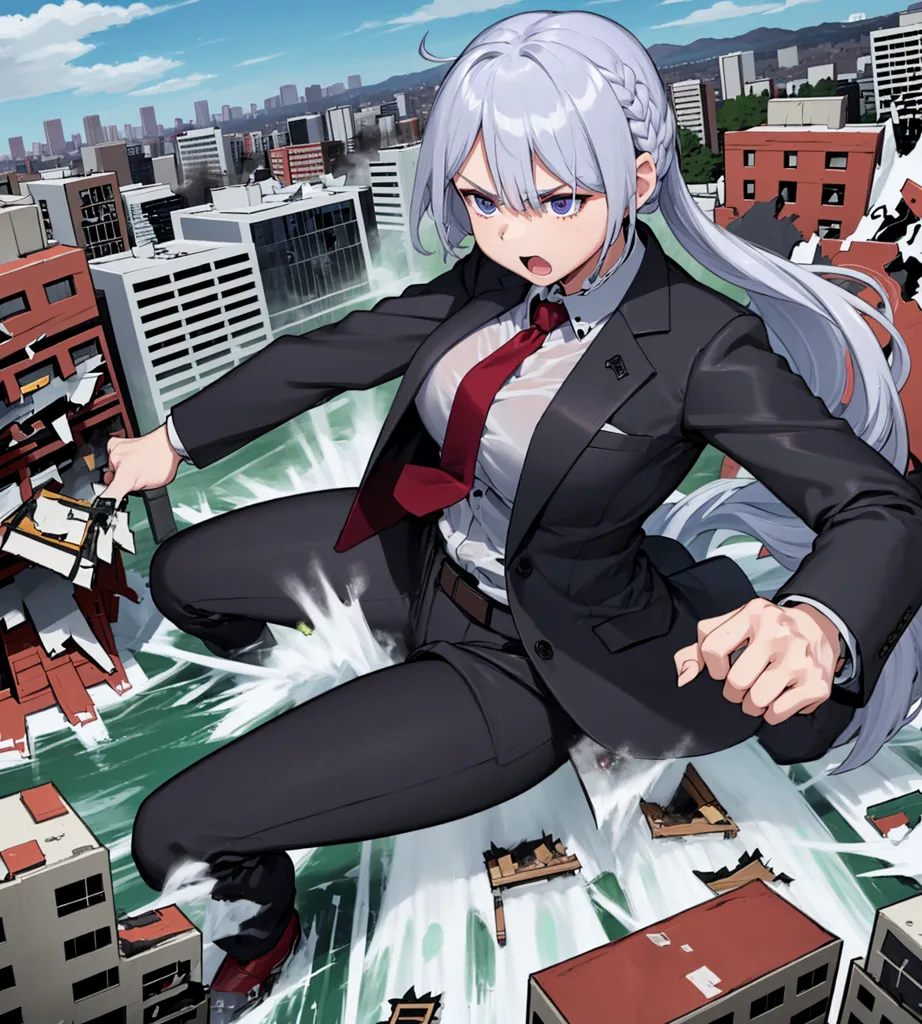 The image shows a giantess woman in a business suit standing in a city. She is wearing a black suit jacket, white shirt, and red tie. She has long silver hair and purple eyes. She is standing on top of a building, and there are several buildings in the background. The woman is looking down at the city with a serious expression on her face.