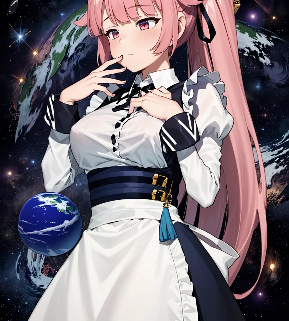 The image is a painting of a young woman with pink hair and eyes. She is wearing a white and black maid outfit. She is standing in front of a blue and green planet with stars in the background. She has one hand on her chest and the other by her mouth. She is looking at the viewer with a curious expression.