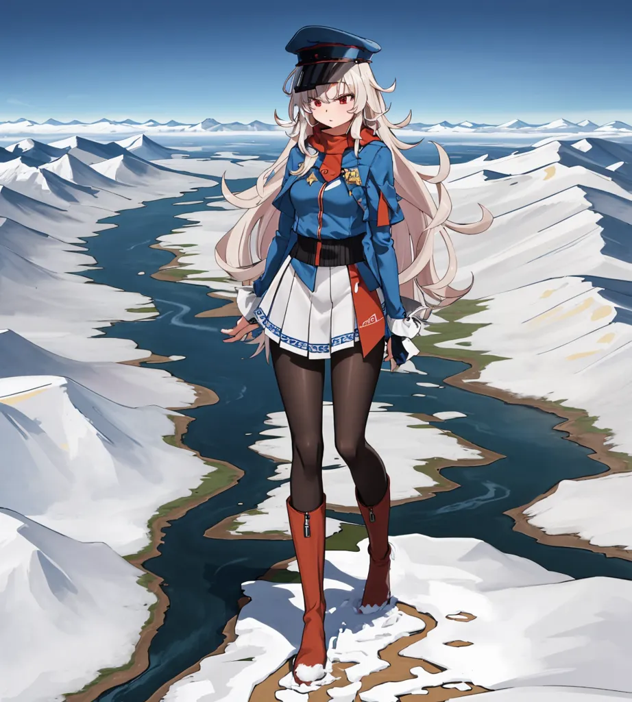 The image shows a young woman with long white hair and red eyes. She is wearing a blue military-style outfit with a white skirt and red boots. She is also wearing a black hat with a red band around it. She is standing on a snowy mountaintop, and there is a large river flowing through the valley below her. In the background, there are snow-capped mountains.