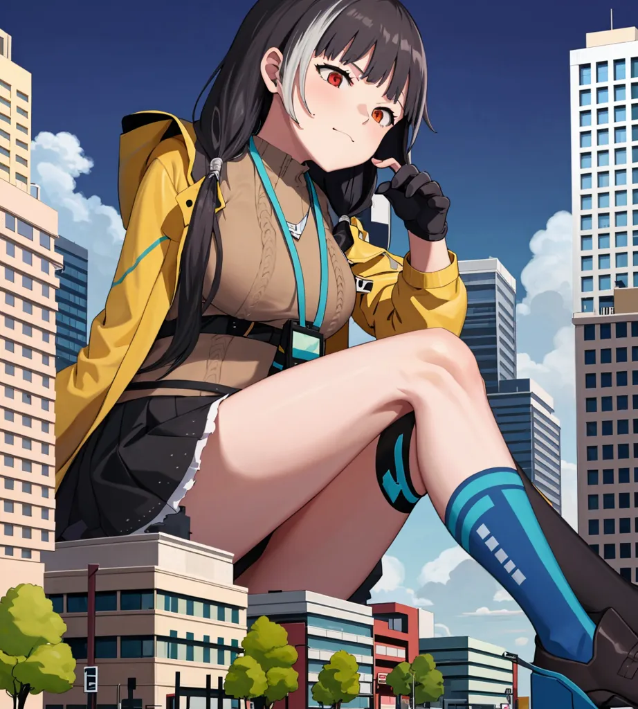 The image shows a giantess anime girl sitting on a city. She is wearing a yellow jacket, a brown sweater, a black skirt, and blue socks. She has long black hair and red eyes. She is looking at the viewer with a serious expression. The city is in the background and it is made up of tall buildings. The sky is blue and there are some clouds.