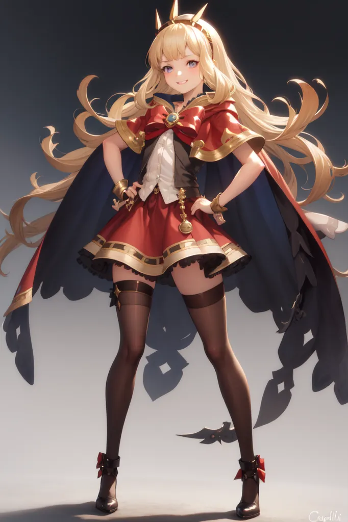 L'image est un dessin de style anime d'une jeune femme aux longs cheveux blonds ondulants et aux yeux bleus. Elle porte une robe rouge et blanche avec une longue cape bleue. Elle a également une couronne sur la tête et tient un bâton dans sa main droite. Elle se tient dans une pose confiante avec un léger sourire sur le visage.