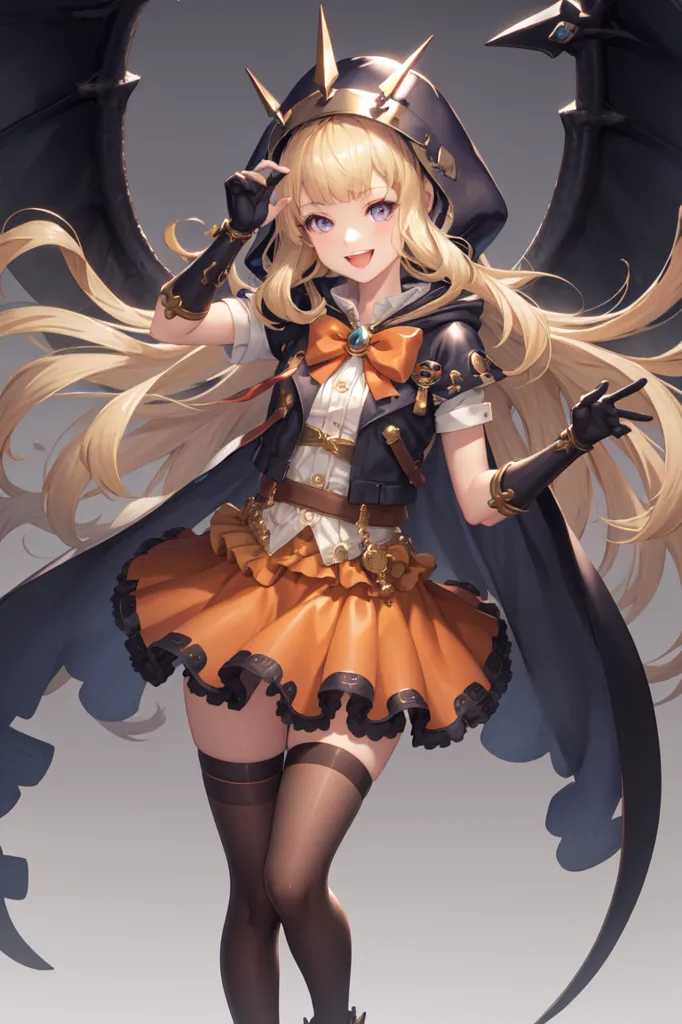 The image is an anime-style drawing of a young woman with long blonde hair and purple eyes. She is wearing a black and orange outfit with a skirt and a cape, and she has a crown on her head. She is also wearing black gloves and boots. She is standing in front of a grey background with a gradient to white at the top, and she has a happy expression on her face.