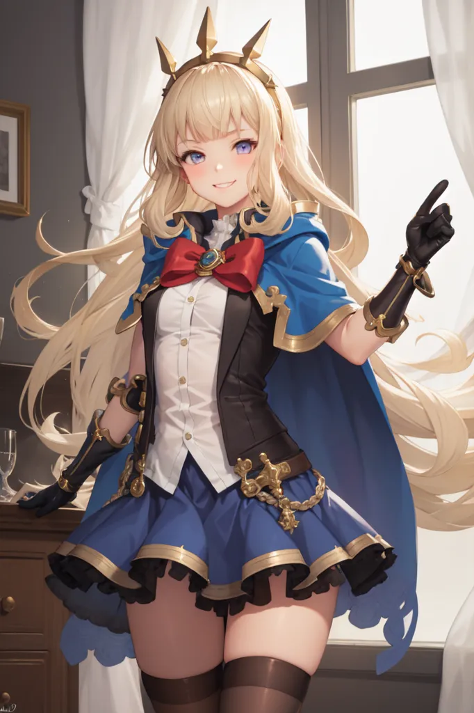 The image depicts a young woman with long blonde hair and blue eyes. She is wearing a white blouse, a blue skirt, and a red bow. She is also wearing a golden crown and a blue cape. She is standing in front of a window, and there is a table with a glass of wine on it behind her.