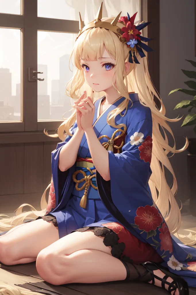 The image depicts a young woman, kneeling on the floor with her hands together in front of her chest. She has long, flowing blonde hair and blue eyes. She is wearing a blue kimono with a floral pattern and a red obi sash. The kimono is trimmed with gold and has a white undersleeve. She is also wearing black tabi socks and zori sandals. The background of the image is a window with a view of a city.