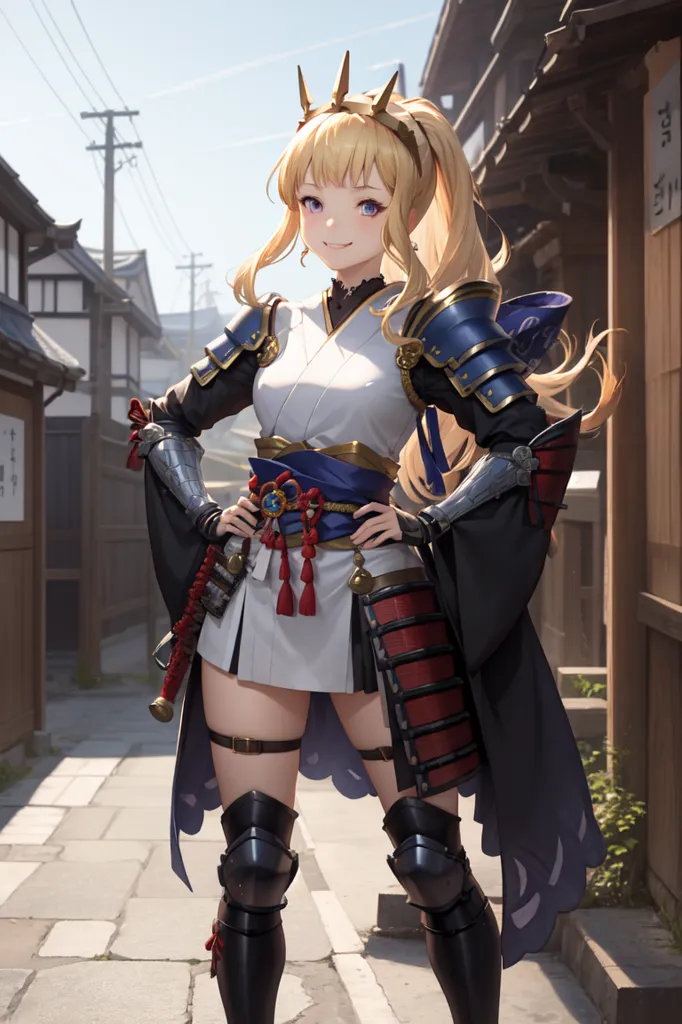 A imagem retrata uma jovem mulher em pé em uma rua tradicional japonesa. Ela está vestindo um quimono branco e azul e um capacete de samurai. Ela tem uma espada na mão e uma expressão determinada no rosto. O fundo está desfocado, mas parece haver edifícios e árvores ao fundo. A imagem está em um estilo realista e as cores são vibrantes e brilhantes.