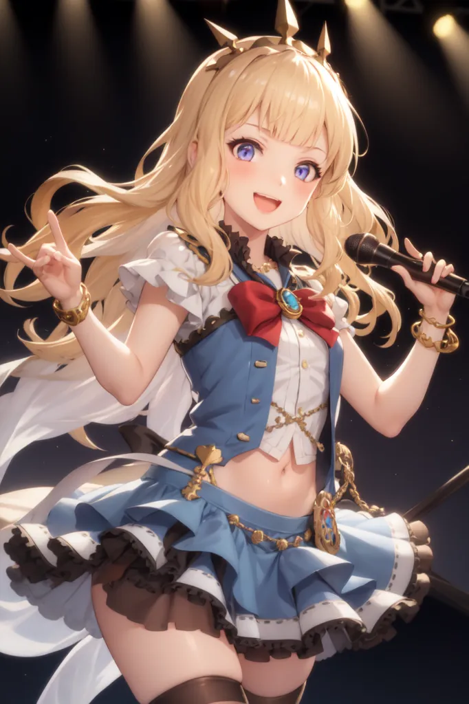 The image is an anime-style illustration of a young woman with long blonde hair and blue eyes. She is wearing a blue and white outfit with a large red bow on her chest. She is also wearing a pair of brown boots and a crown on her head. She is holding a microphone in her right hand and is smiling. She is standing on a stage with a spotlight shining on her. There are also several spotlights in the background. The background is dark blue with a gradient to black at the bottom.